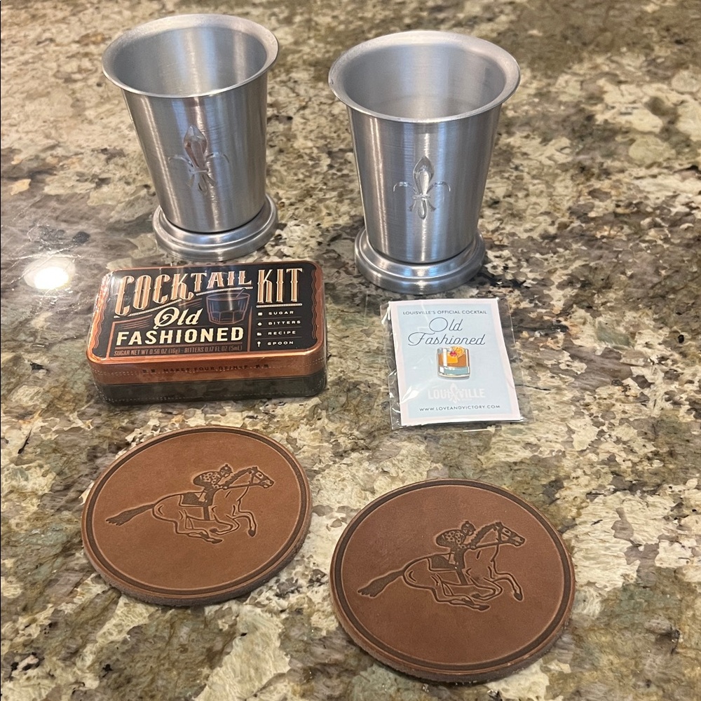 Clayton & Crume Leather 🐎 Coasters, Cocktail Kit, Pin, Silver Mint Julep Cups